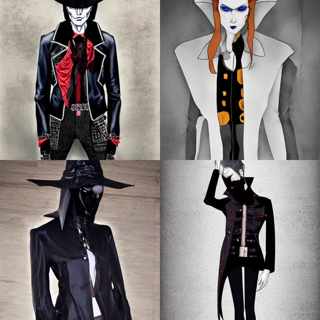 Prompt: paris fashion week jacket, designer runway shirt, open neck collar, vampire hunter d, mad max, syd mead, high fashion fantasy, designed by creepyyeha
