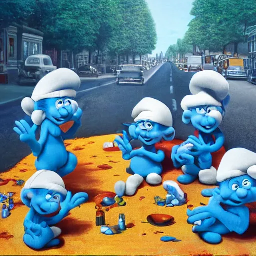 Image similar to the smurfs on the beatles album cover, 8 k resolution hyperdetailed surrealism