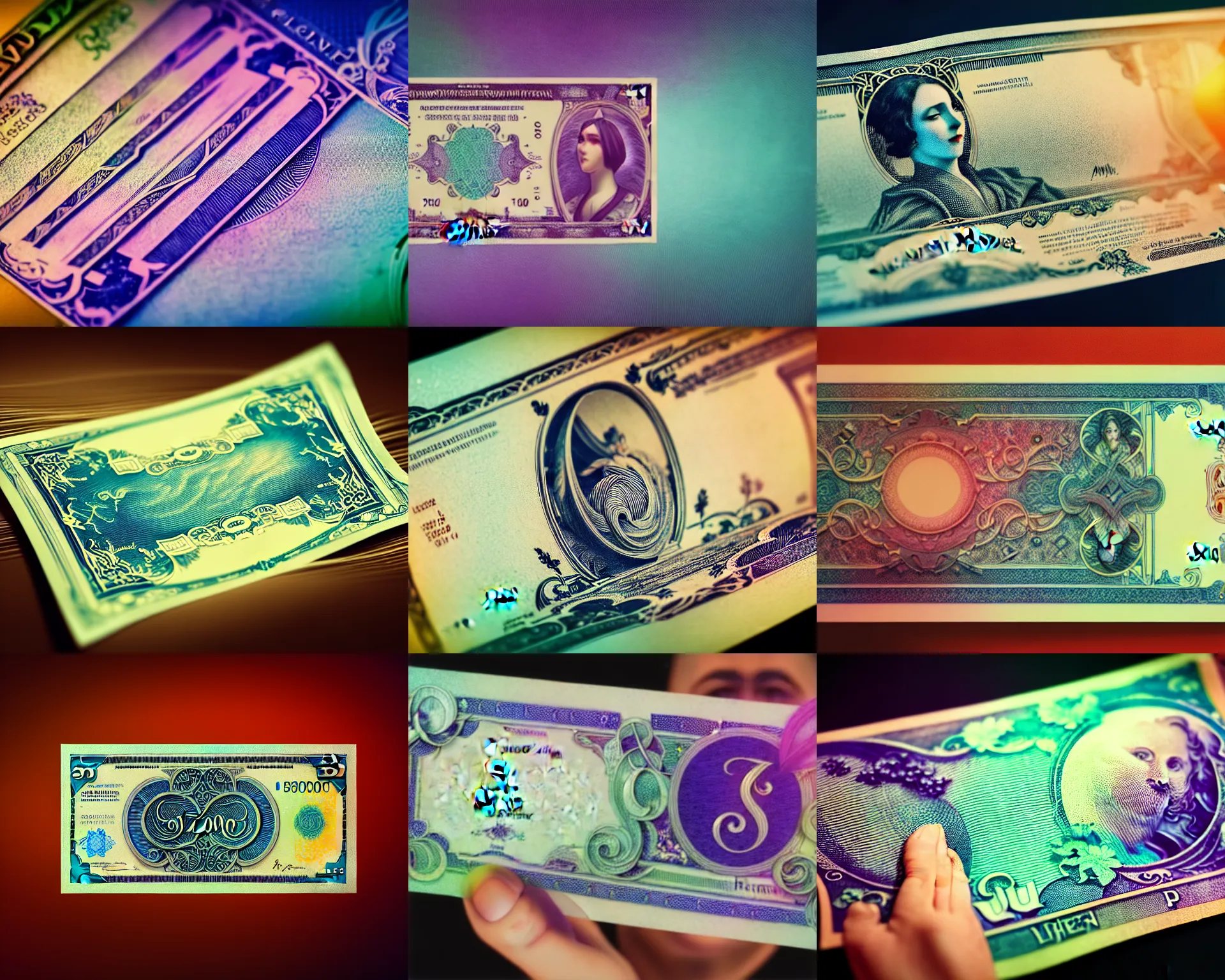 Prompt: zoomed view of a banknote, gloom haven, matte painting concept art, art nouveau, beautifully backlit, swirly vibrant color lines, fantastically gaudy, aesthetic octane render, 8 k hd resolution, hyper realistic, focused, extreme details, masterpiece