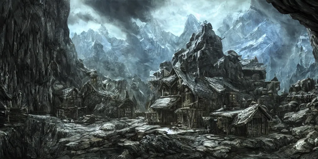 Prompt: A skyrim house in the underground cavern of Blackreach as Far Cry 4 concept art, spring season, beautiful, gorgeous buildings, oil painting, painting by Viktor Vasnetsov, concept art, underground landscape, skyrim architecture, painting by Ivan Shishkin, hyperborea, high resolution, trending on artstation,