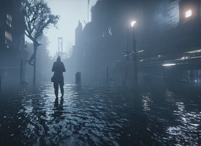 Image similar to dark, misty, foggy, flooded new york city street swamp in Destiny 2, liminal creepy, dark, dystopian, abandoned highly detailed 4k 60fps in-game destiny 2 screenshot gameplay showcase