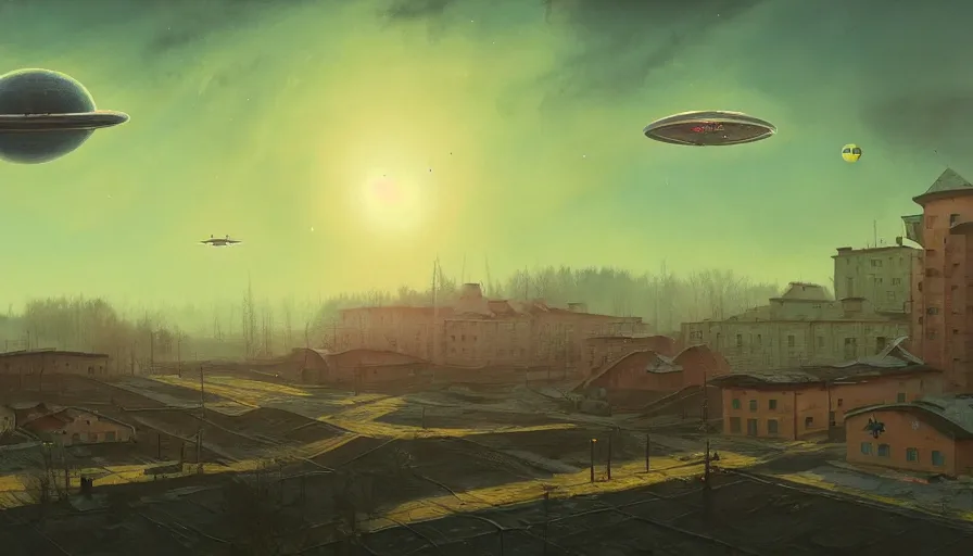 Image similar to a beautiful matte painting of a flying space ship over old soviet village, simon stalenhag and jakub rozalski and alan bean, trending on artstation, realistic rendering