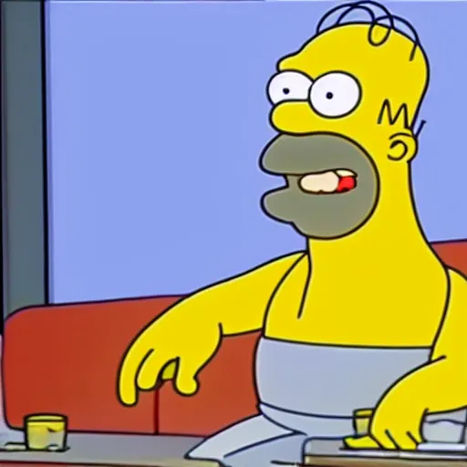 Image similar to a still of a public acess tv show of a man poorly dressed like homer simpson