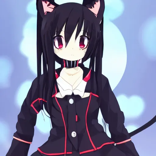Prompt: a “red-eyed black-haired anime fox girl” wearing black fingerless-gloves, high-waist-black-skirt, white-collared-shirt blue-open-jacket, black-necktie, unsheathing her katana, white background, visual-key, anime illustration, pixiv, anime-twitter