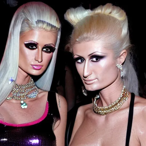 Prompt: paparazzi photo of jeffree star and paris hilton in the 2 0 0 0 s at a party, hyper realistic 8 k rhinestone glossy realistic detailed faces