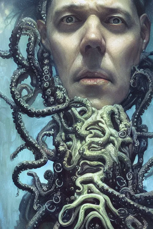 Image similar to , h p lovecraft with octopus tentacles and head of the cthulhu hyperrealistic portrait, bladerunner street, art of elysium by jeremy mann and alphonse mucha and greg rutkowski, fantasy art, photo realistic, dynamic lighting, artstation, poster, volumetric lighting, very detailed face, 4 k, award winning