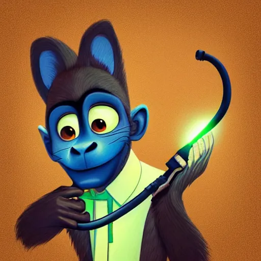 Image similar to “ logo and portrait of a monkey in the style of zootopia holding laser gun, with a black background, digital art, award winning, trending on art station, retro style ”