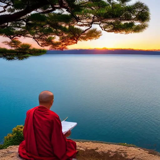 Image similar to a japanese monk sitting at the edge of a cliff, writing haiku, looking at a beautiful sunset above a lake, trees in distance