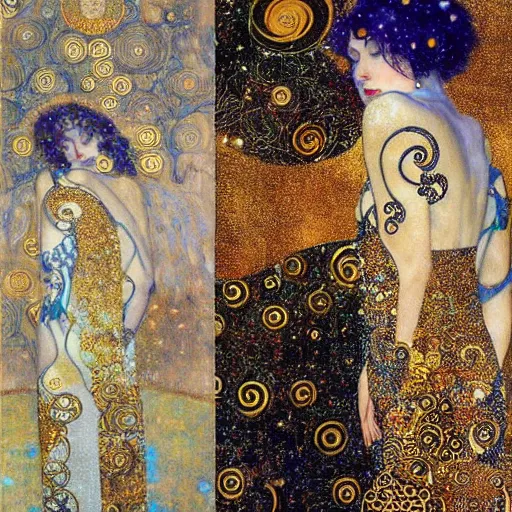 Image similar to dreamy angel, in the cosmos, 🌫🌌 intricate long shelve robes, intricate detail, klimt, royo,