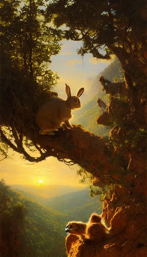 Image similar to hyper realistic rabbit looking off of a cliff, sun setting behind rabbit, lush forest in valley below, painted by james gurney, gaston bussiere, craig mullins, j. c. leyendecker 8 k