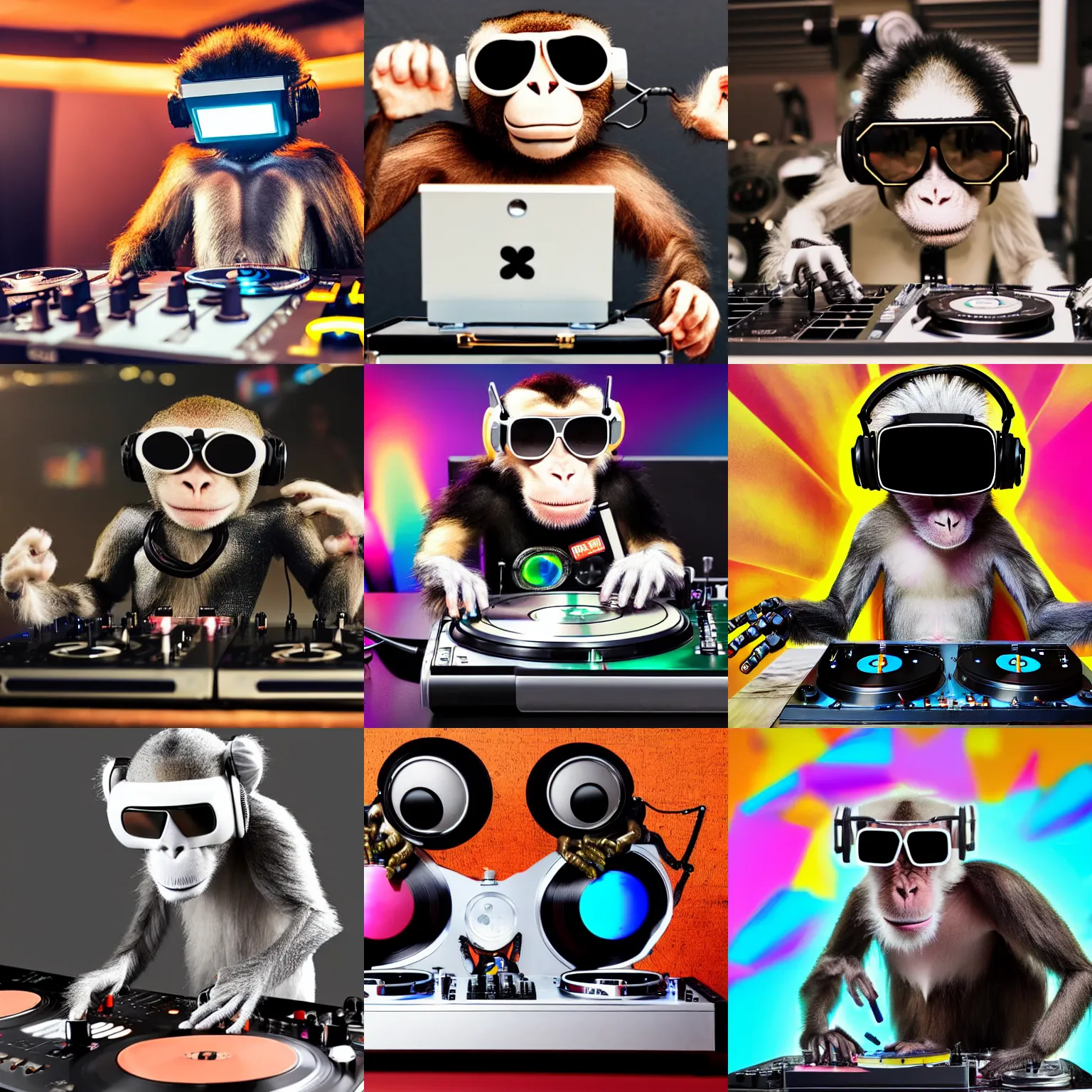 Prompt: a robot monkey wearing heaphones and sunglasses DJing with DJ turntables, photoreal