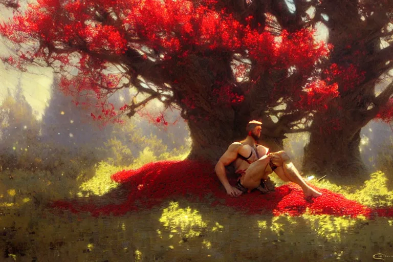 Image similar to a male warrior relaxing under a huge tree with red flowers, god ray, ground covered with snow, extreme long shot, fantasy, painting by gaston bussiere, craig mullins, j. c. leyendecker, trending on artstation