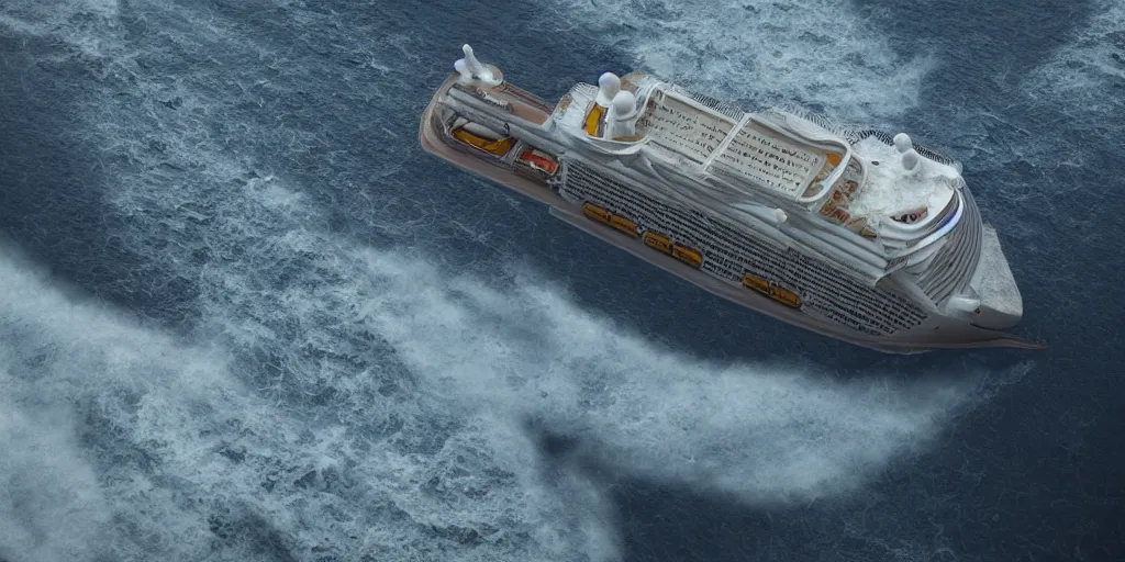 Image similar to the cruise ship sinken lying on its side in sea, dark, storm, thunderstorm unreal engine Hight detailed An epic fantastic realism dinamic lighting