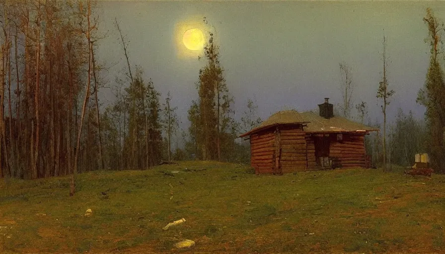 Image similar to wide scene of a siberian cabin at forest's edge with smoking chimney under moonlight, by ilya repin, full resolution