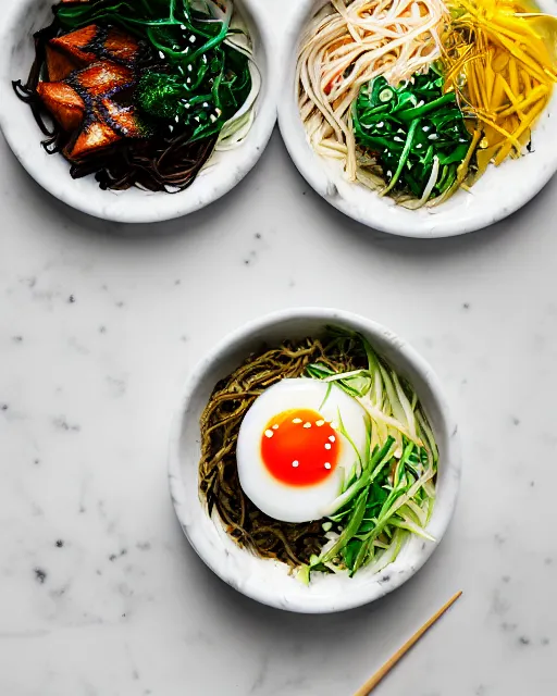 Image similar to realistic photo of delicious bimbimbap, bowl, white kitchen table, marble, highly detailed, by louise lister, sara ali, mary devinat, kailee mandel, masterpiece, award winning, food photography