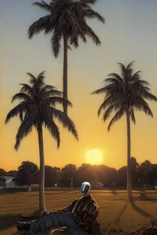 Prompt: Grey Alien, golden hour, next to a dairy farm, palm trees, artstation, by J. C. Leyendecker and Peter Paul Rubens, - 12p