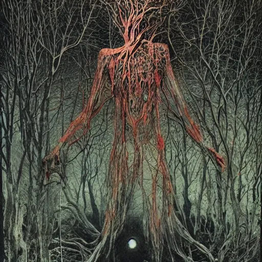 Image similar to ! dream creepy old witch house, ghosts in a dark forest, high detailed beksinski painting, by adrian ghenie and gerhard richter. art by takato yamamoto. masterpiece, deep colours.