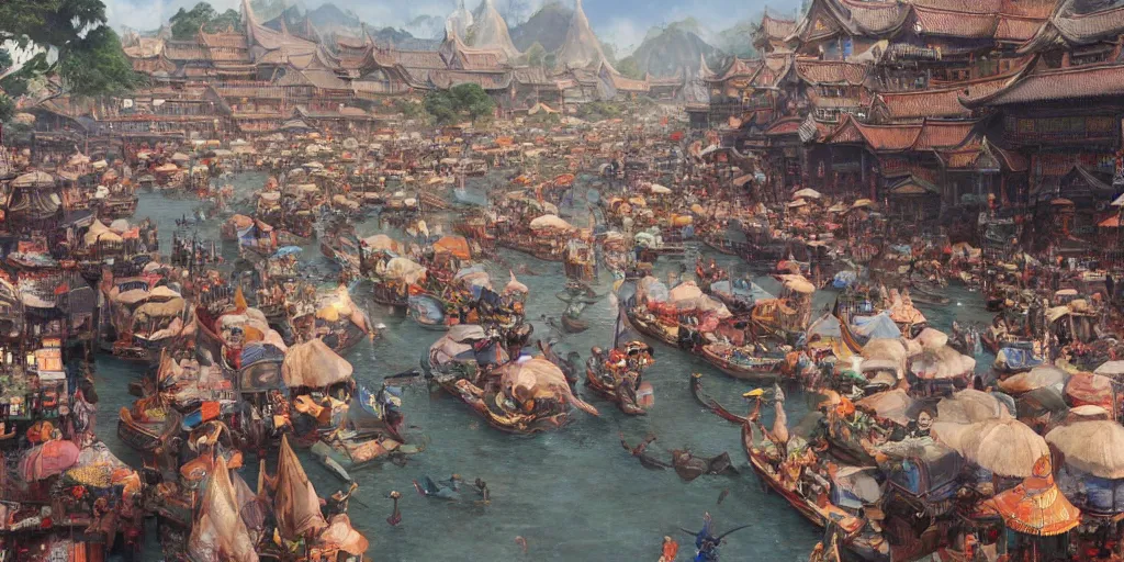 Prompt: A close up view of a busy market in a fantasy asian town on a river, by John Howe and Dean Cornwell, cinematic, very detailed, Trending on artstation.