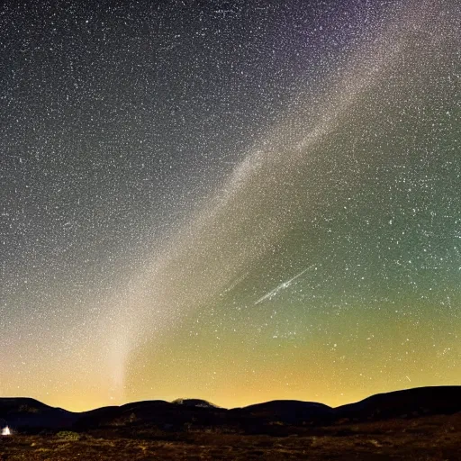 Image similar to beautiful landscape at night with andromeda clearly visible in the sky, highly detailed, sharp focus