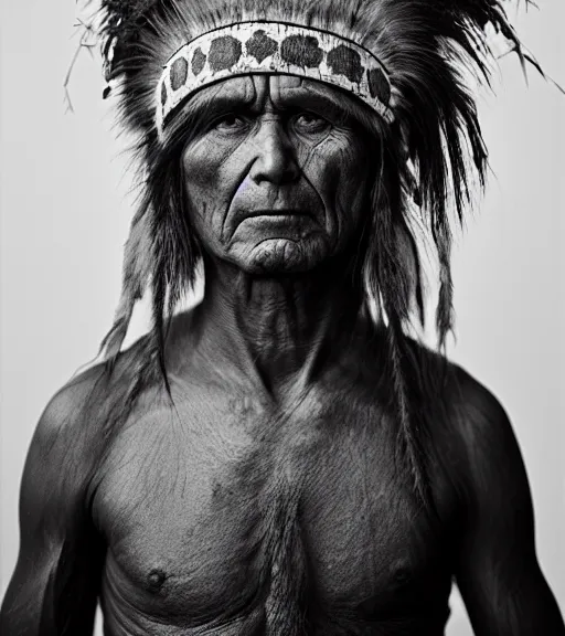 Image similar to Award winning Editorial photo of a Native Iroquois with incredible hair wearing traditional garb by Edward Sherriff Curtis and Lee Jeffries, 85mm ND 5, perfect lighting, gelatin silver process