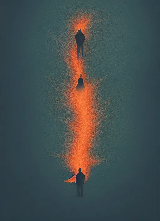 Image similar to burning overgrowth + a lone man + fish flying in the sky + habitat 67, Mads Berg, Karolis Strautniekas, film noir, stippled light, dramatic lighting,editorial illustration, detailed,fine texture, matte print, dark blue + dark orange, red, black