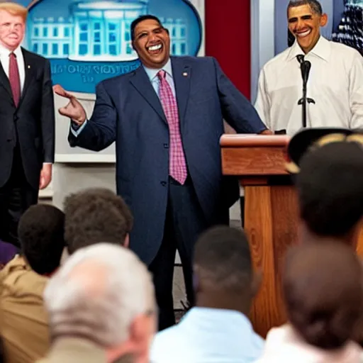 Image similar to presidential photo of Obese Obama holding a gun, press conference, laughing, giggling