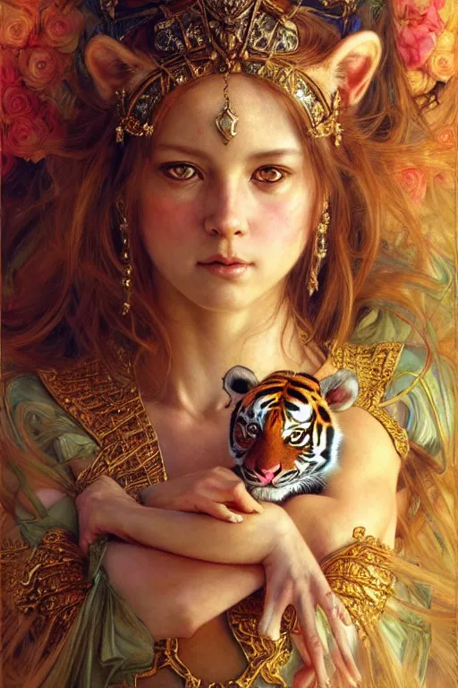 Image similar to highly detailed full shot portrait of a enchanted tiger in the form of a beautiful young princess. d & d, art by donato giancola and ruan jia and carl larsson and magali villeneuve. trending on artstation, intricate details, energetic composition, golden ratio, concept art, illustration, elegant art