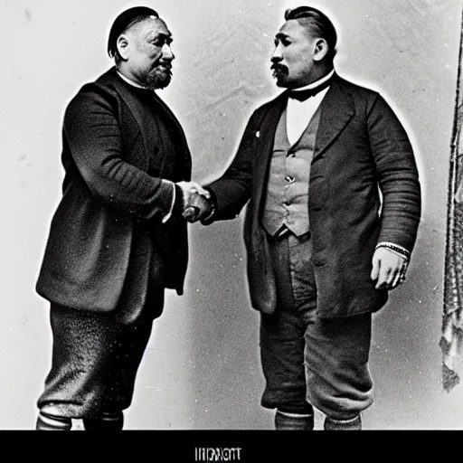 Image similar to a tattooed maori dignitary shakes hands with a 2 0 th century english industrialist, colorized 1 9 0 4 photo, kodak camera, historical event, credit the national archives of the united kingdom