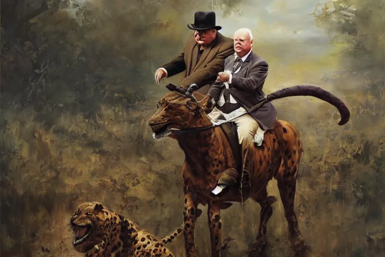 Prompt: Classical oil painting of Winston Churchill riding a cheetah beautiful, dark fantasy, by Frank Franzetta, matte painting, trending in artstation artstationHD, artstationHQ, cgsociety, detailed faces, ultra HD, 8k