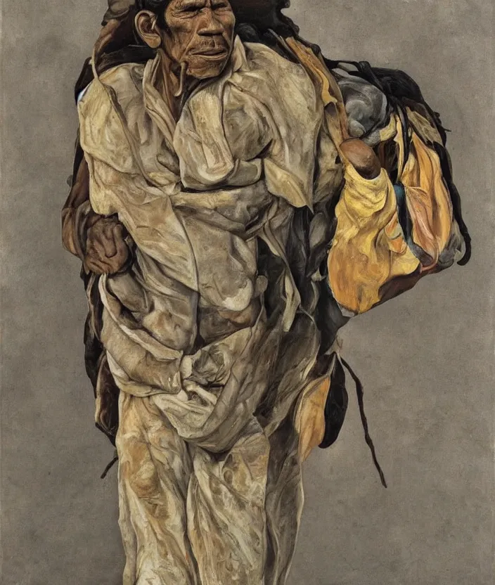 Image similar to indigenous man carrying a lot of bags, painted by lucian freud, hd, super detailed, realistic, muted colors