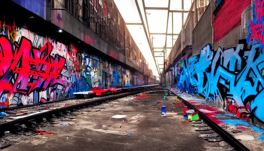 Prompt: urbanpunk - graffiti artists tagging a train in inner city new york, urban youth street clothing, spray cans, friends, graffiti street art, police flashing lights blue an red, spotlight, octane render, unreal 5, 8 k depth of field, highly - detailed, in the style of boondocks