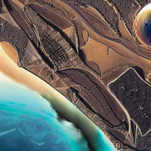 Image similar to a future big city on mars with beautiful beaches inspired by elon musk