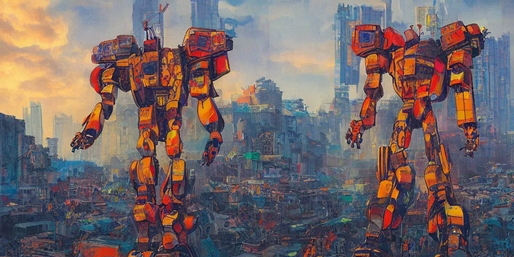 Prompt: colourful - damaged - giant mecha ROBOT of AJEGUNLE SLUMS in Lagos, markings on robot, Golden Hour, painting by Hsiao-Ron Cheng,