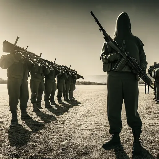 Image similar to cinematic photo of Hooded innocent man, his hands are tied behind his back, he is standing 20 feet from a line of military men with their rifles pointed at him, firing squad, award winning, golden hour