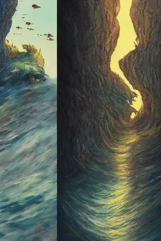 Image similar to fish cliffs, art by matt jefferies and joe doolin, trending on artstation, atmospheric fish eye modernism, realism, film poster, character design, diptych