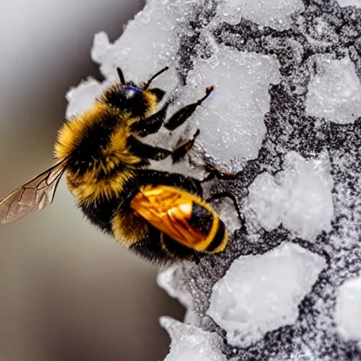 Image similar to an anime bee finding a beautiful flower, entrapped in ice, only snow in the background, beautiful macro photography, warm ambient light