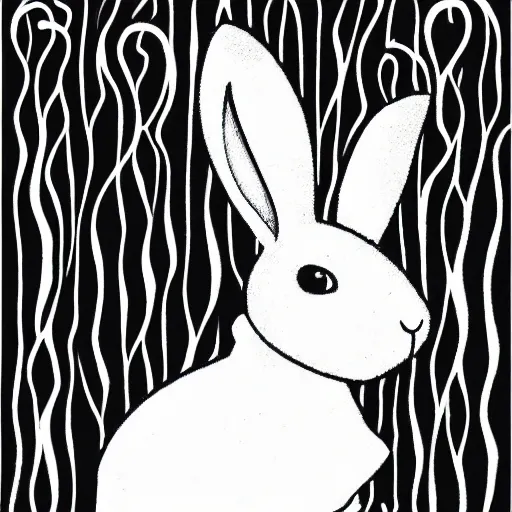 Prompt: black - and - white line art illustration of a rabbit smoking a cigarette, with smoke rising from the cigarette, background is a tangled forest, whimsical masterpiece by ernest shepard