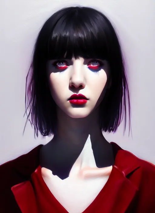 Image similar to portrait of teenage girl, red irises, red eyes, black hair, white bangs, purple lipstick, white bangs, bangs, black hair and white bangs, intricate, elegant, glowing lights, highly detailed, digital painting, artstation, concept art, smooth, sharp focus, illustration, art by wlop, mars ravelo and greg rutkowski