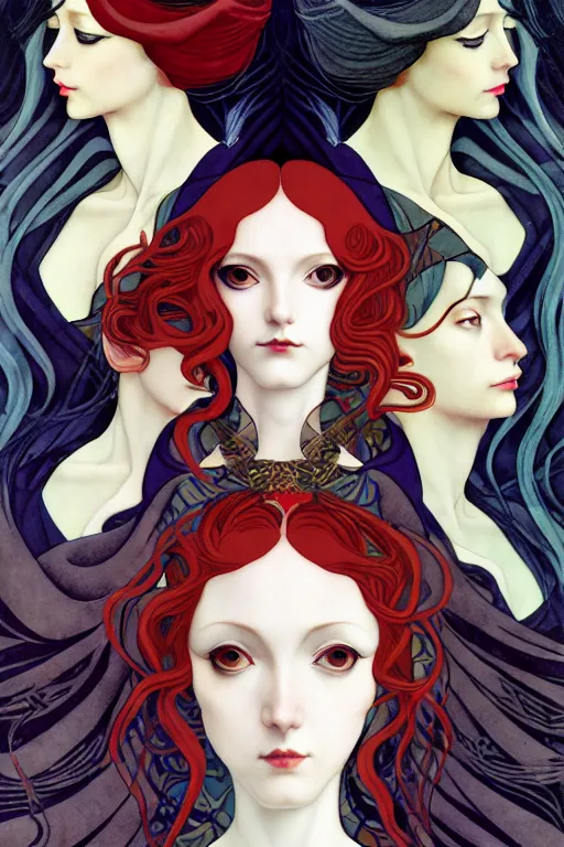 Image similar to a triad of winter muses, style blending æon flux, shepard fairey, botticelli, ivan bilibin, and john singer sargent, inspired by pre - raphaelites, shoujo manga, and harajuku fashion, stark landscape, muted dark colors, superfine inklines, ethereal, otherworldly, 4 k photorealistic, arnold render
