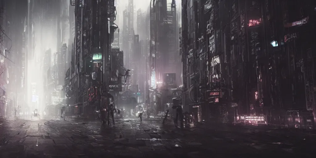Prompt: Uncanny valley, dark grotesque nocturne cyberpunk city, armed and dangerous, night, black, grey, white, realistic 4k octane beautifully detailed render, 4k post-processing, highly detailed, intricate complexity, epic composition, magical atmosphere, cinematic lighting, masterpiece, ultra hd