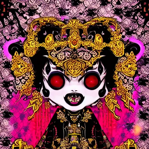 Image similar to baroque bedazzled gothic royalty frames surrounding a pixelsort emo demonic horrorcore japanese yokai doll, low quality sharpened graphics, remastered chromatic aberration spiked korean bloodmoon sigil stars draincore, gothic demon hellfire hexed witchcore aesthetic, dark vhs gothic hearts, neon glyphs spiked with red maroon glitter breakcore art by guro manga artist Shintaro Kago