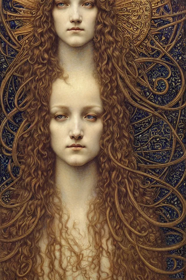 Image similar to detailed realistic beautiful young medieval queen face portrait by jean delville, gustave dore and marco mazzoni, art nouveau, symbolist, visionary, gothic, pre - raphaelite. horizontal symmetry