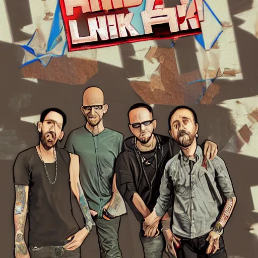 Prompt: Linkin Park in GTA V, cover art by Stephen Bliss, artstation