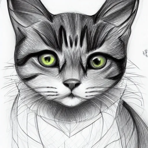 Image similar to beautiful pencil drawing of a cat by the artist loish, flowy lines, colorful, bright, cheerful, done in procreate, very beautiful sketch by loish