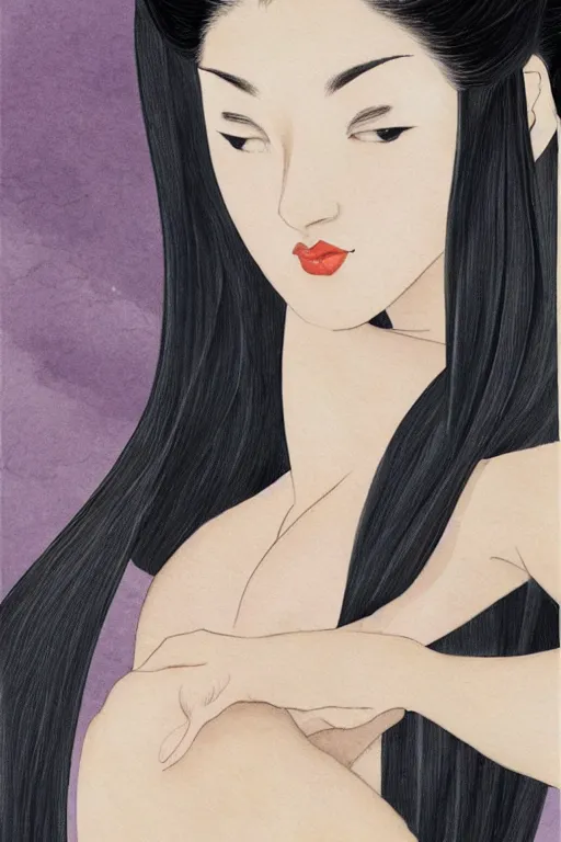 Image similar to extremely sensual geisha full body, seductive pose, uncovered shoulder, different point of view, digital art, 8k, character, realistic, portrait, photorealism, japan watercolour, masterpiece art
