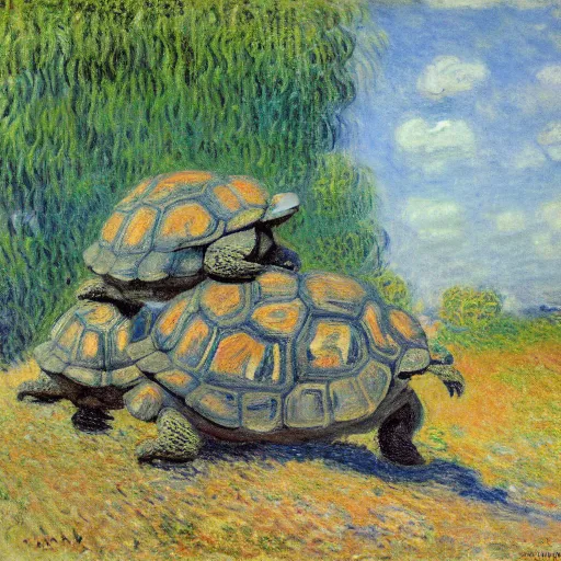 Image similar to tortoises using heavy artillery by claude monet