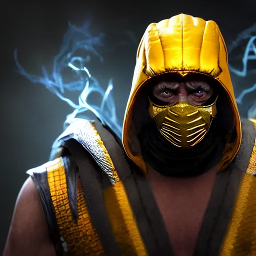 Prompt: Portrait of Donald Trump as Scorpion from Mortal Kombat 11, anger, mystery, fear, highly detailed, ominous vibe, smoke, octane render, cgsociety, artstation, trending on ArtStation, by Travis Sergio Diaz