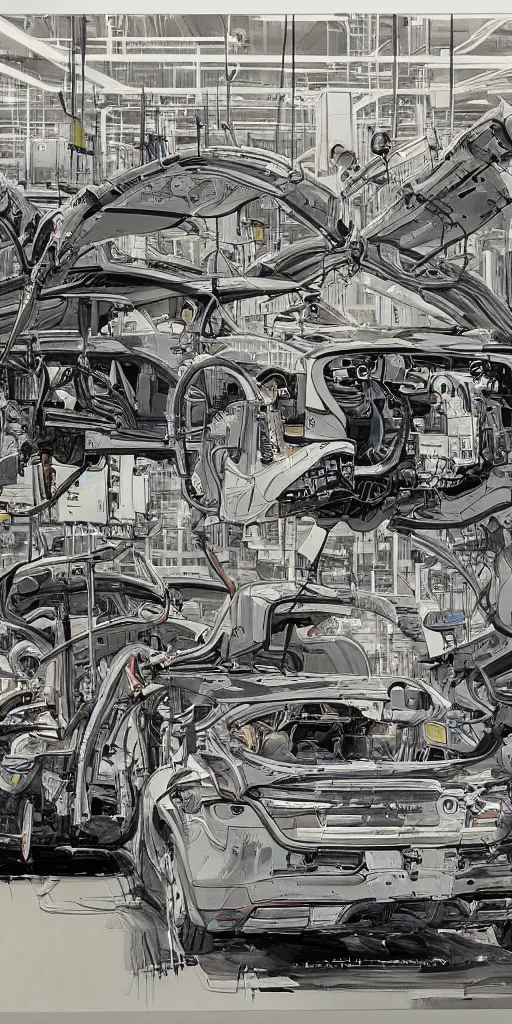 Prompt: oil painting scene from tesla factory by kim jung gi