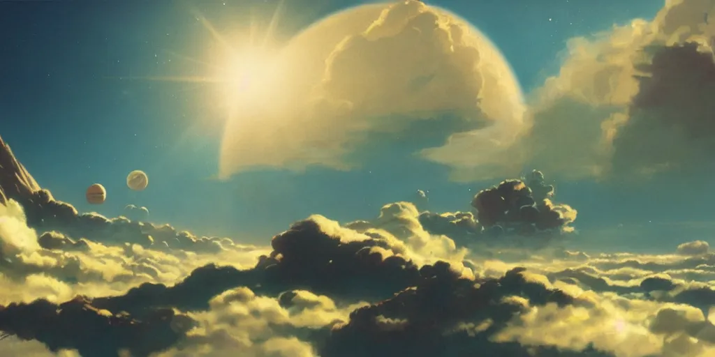 Image similar to blue dreamy cloudscape with a single planet in the clouds, daylight, cinematic lighting, cinematic perspective, syd mead, john harris, federico pelat,