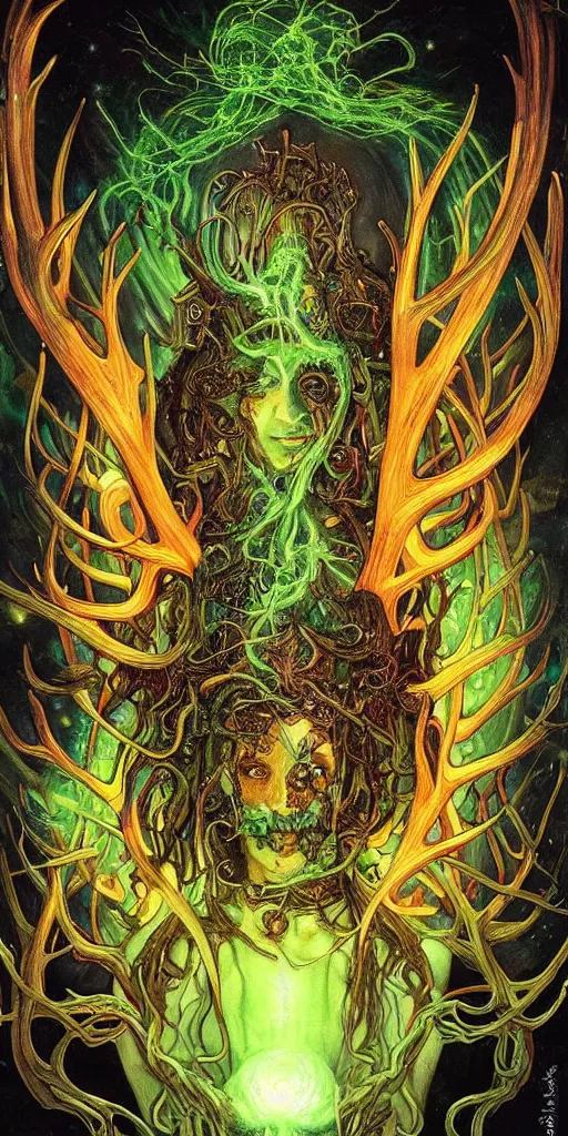 Prompt: intense glowing pagan fungus god with antlers and tentacles and intense glowing eyes and a mossy skull in very dark cosmic space by karol bak and artgerm and alphonse mucha, portrait, fantasy, clear, light beams, lens flare, intense, uhd, amazing depth, cinematic lighting, deep green and black and shining gold